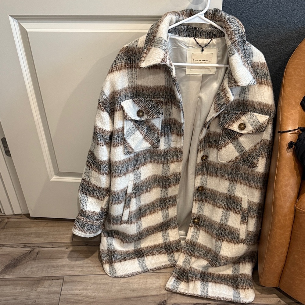 Lucky Brand Plaid Teddy Jacket - Brown and Cream